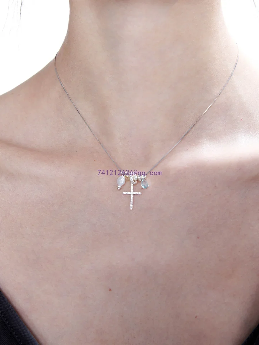 Floating U creatures, broken urban original sterling silver necklace, blue zircon cross pendant, broken silver coll