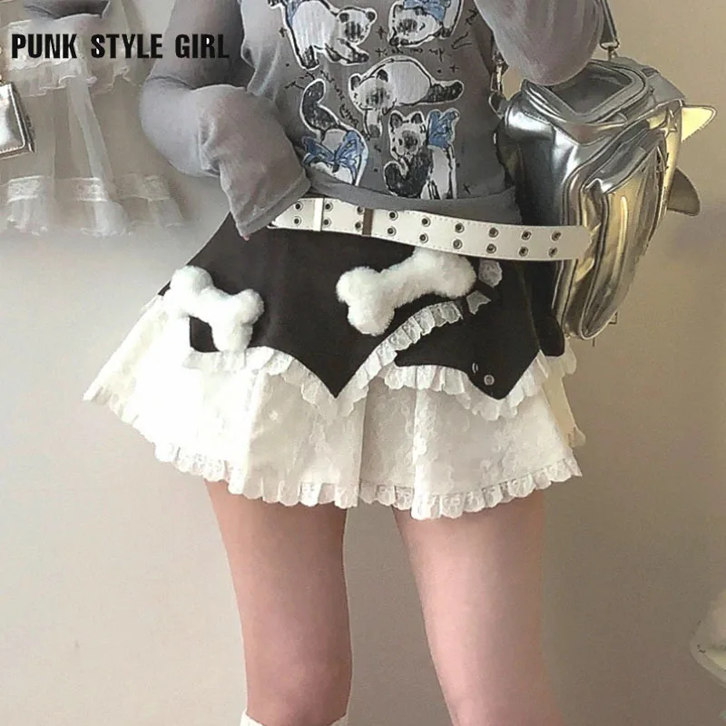 Women 90s Cute Plush Bone Lace Patchwork Mini Skirt Japanese Kawaii Lolita Cake Skirt Cute Y2k High Waist A-line Shorts Skirt