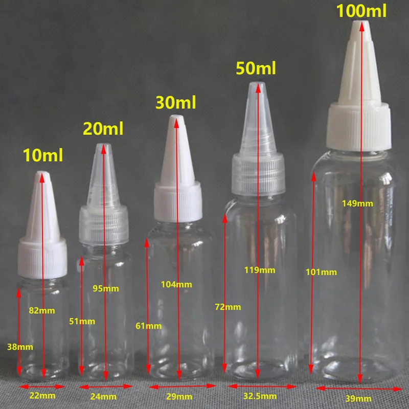 空のポインテッドマウスボトル,プラスチックアプリケーター,シャンプー,ローションディスペンサー用のプラスチック容器,トラベルサイズの印刷,10-100ml, 50個