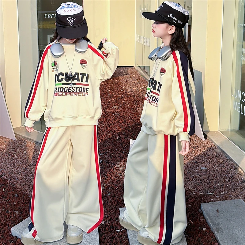 Children's Clothing Girls Suit Racing Style Two Piece Set Letter Print Sweatshirt and Wide Leg Pants Casual Streetwear Tracksuit
