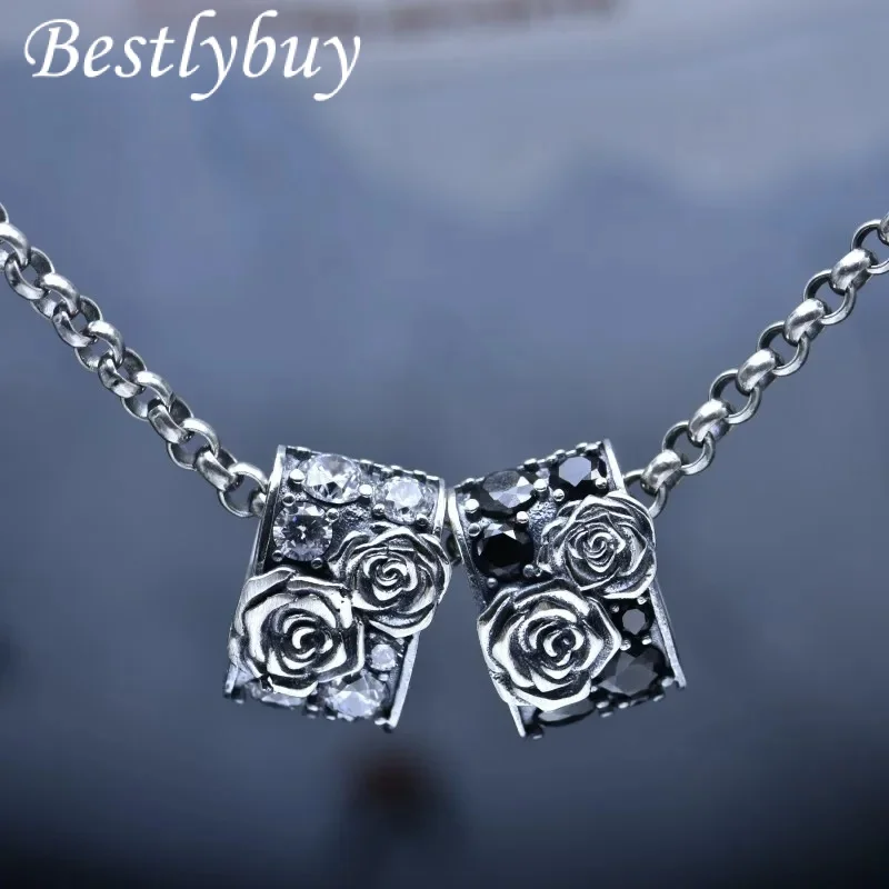 Real S925 Silver Diamond Rose Pendant Necklace for Women Fashion Collarbone chain Personalized Hip-Hop Jewelry