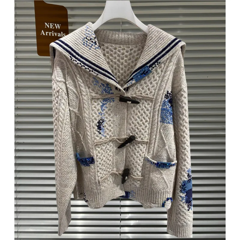 Autumn/winter Navy collar floral college style cardigan sweater women cardigan