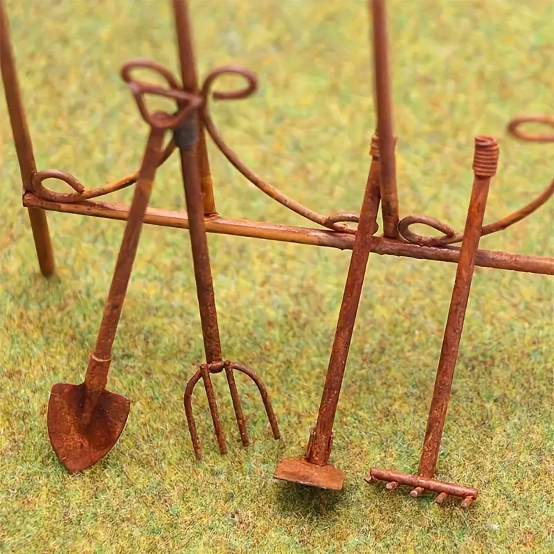 Distressed Wrought Iron Gardening Tool 4pcs Miniature Garden Model with Realistic Farm Implements, Dollhouse Yard Scene Decor