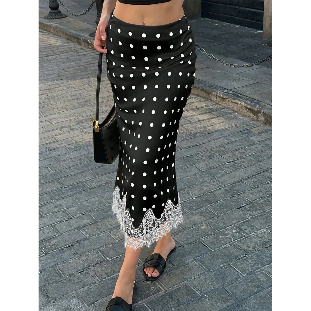 Women 2000s Aesthetic Polka Dot/Floral Print Midi Skirts y2k Grunge Sexy Low Waist Lace Spliced Going Out Long Skirts Streetwear