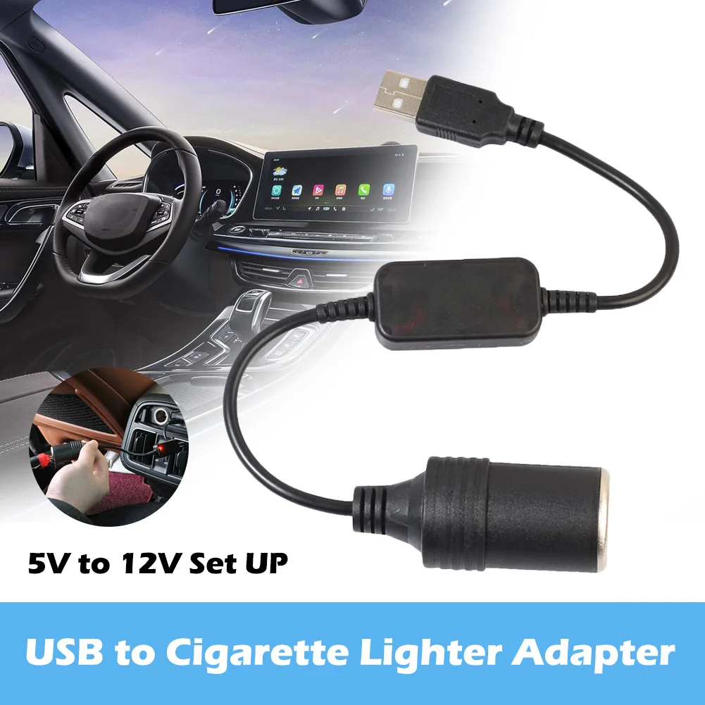 Car 5V To 12V Power Converter Step Up USB Male To Cigarette Lighter Female Adapter Power Cable For Dash Cam Auto Accessories