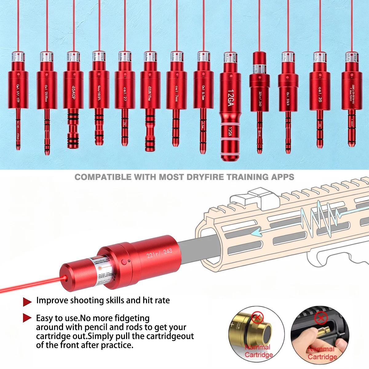 

9mm 22LR Dual-purpose Dry Fire Trainer Bullets 38SPL 12GA 7.62X39mm Controlled Laser Red Laser Training Bullet Bore Sighter