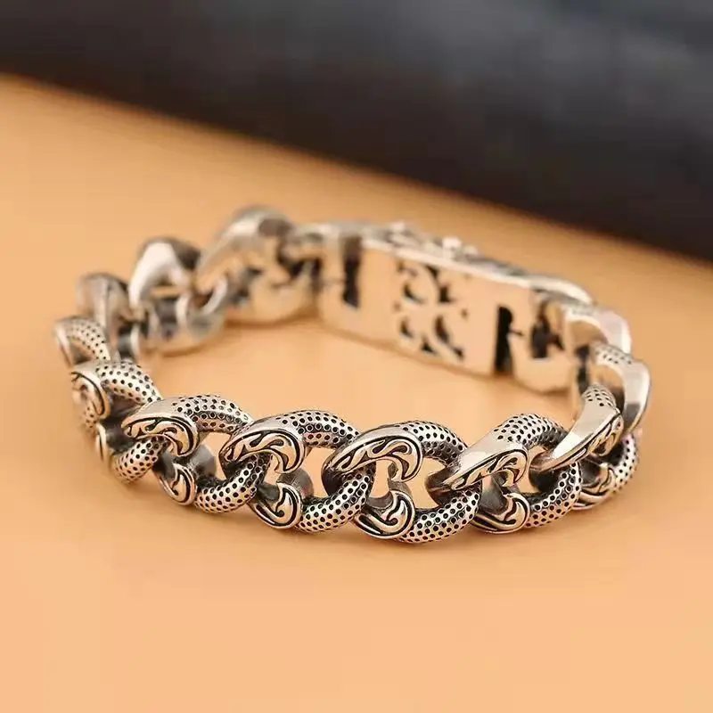 

S925 Silver Men's Bracelet Coarse Trendy Retro Simple Dominant Personality Men's Bracelet Gift for Boyfriend Tank Chain