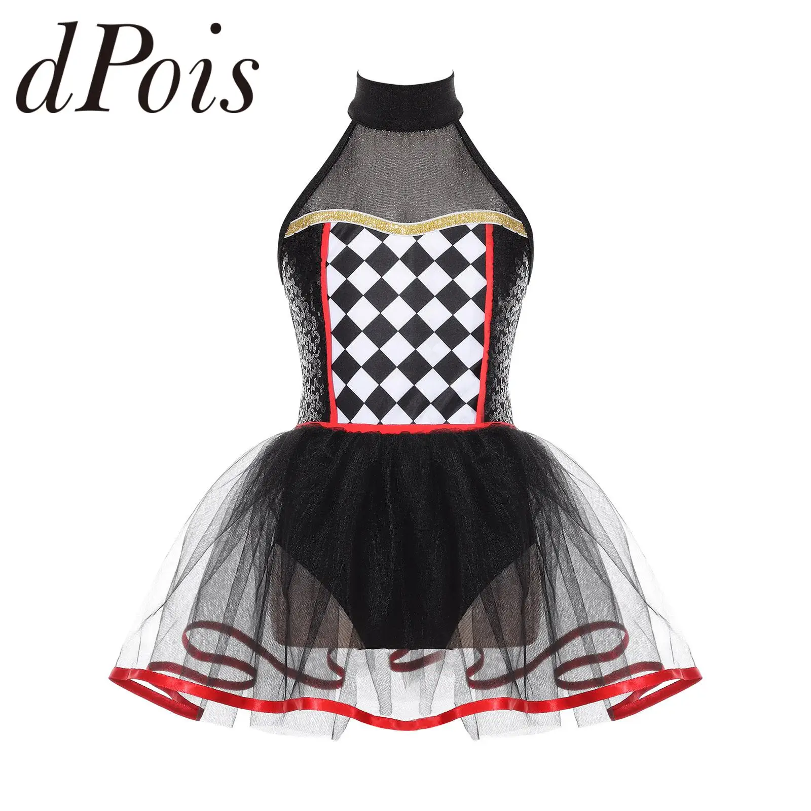 

Kids Girls Halter Neck Checkerboard Sequins Ballet Tutu Dress Children's Dancewear for Halloween Roleplay Doll Clown Costume