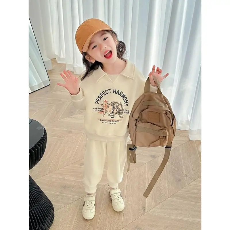 Girls Spring Outfit Cute Going Out Set Trendy New Children's Polo Neck Pullover Sweatshirt Sweatpants Two-Piece Set for School
