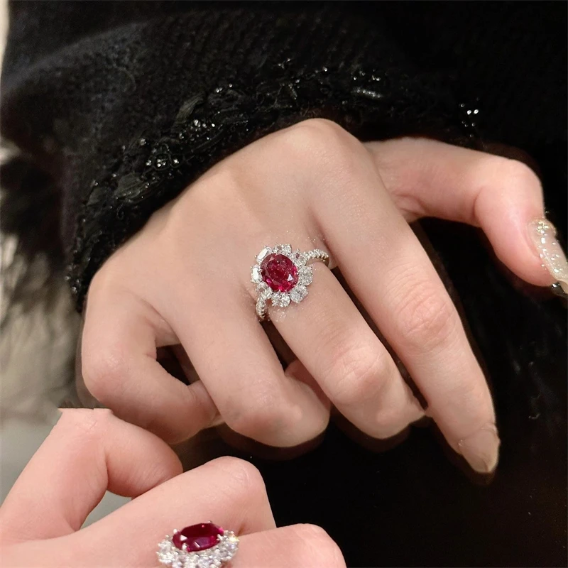 New Fashion Vintage Red Zircon Rhinestone Copper Rings for Women Gorgeous Silver Color Opening Ring Wedding Party Jewelry Gift