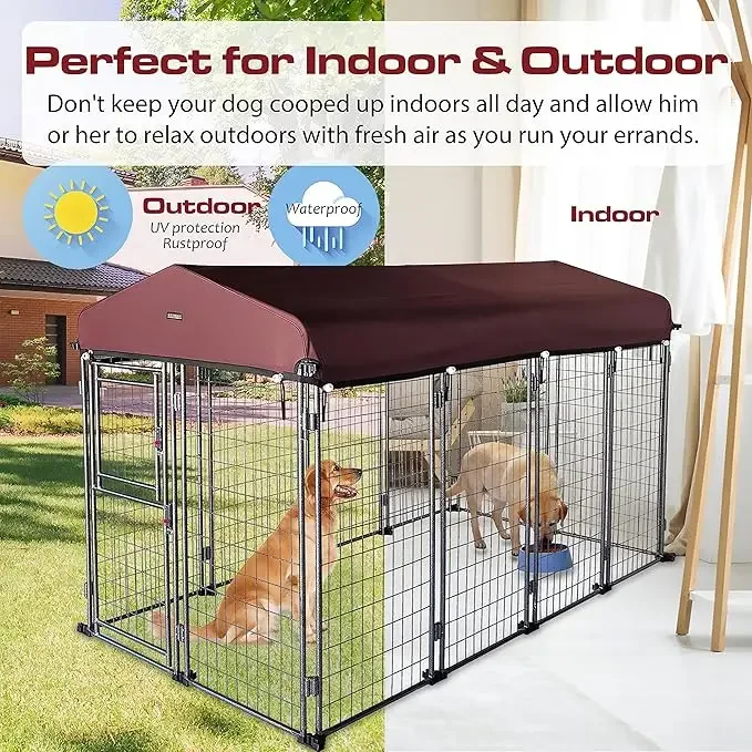 Large Outdoor Dog Kennel with Roof Cover  Easy to Assemble Metal Cages for Large Size Dogs