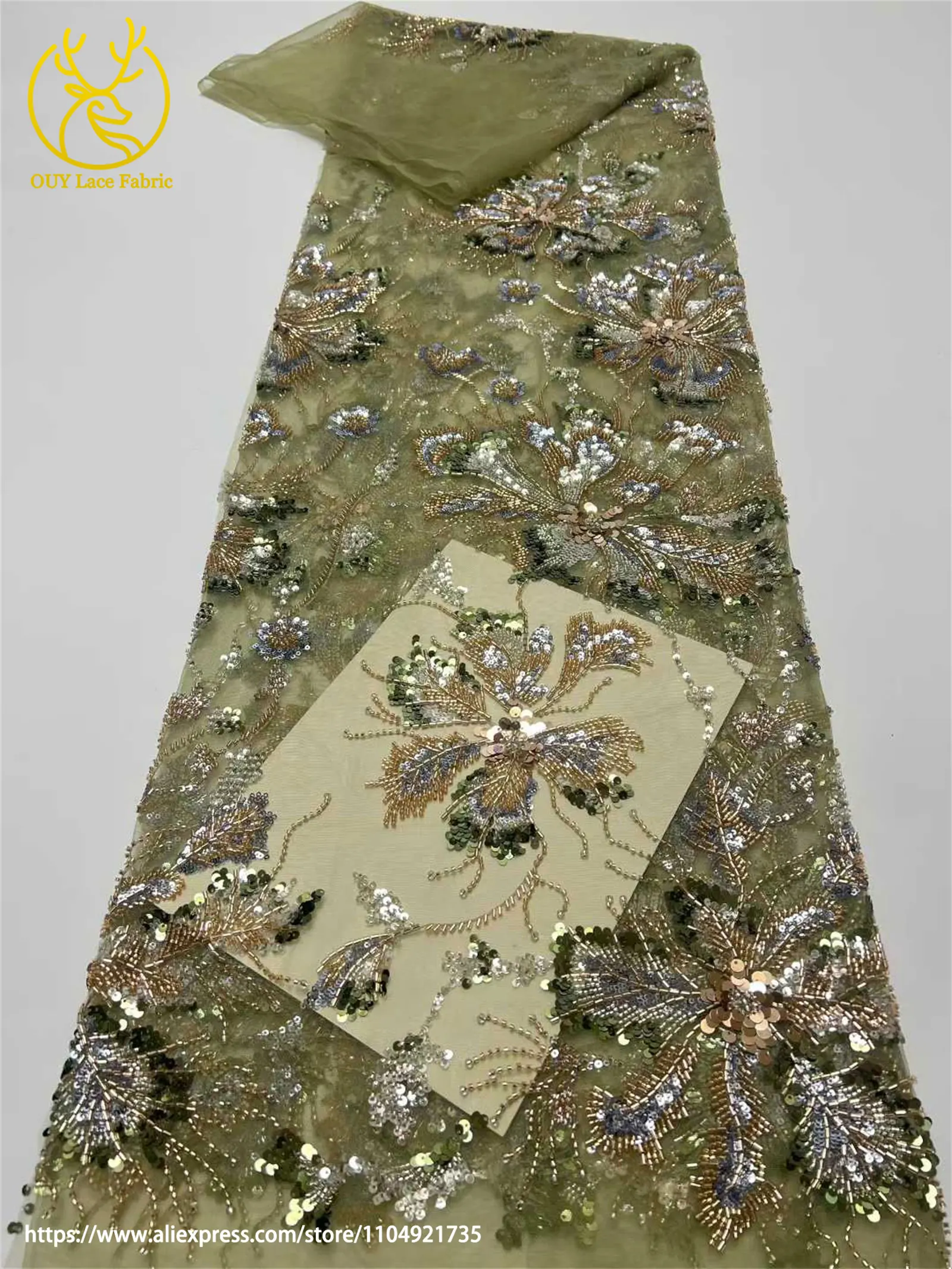 Afrikanischer Netz-Stickerei-Pailletten-Spitzenstoff 2026 Luxuriöser Französischer Tüll Perlenbesetzter Stoff für Damen-Partykleider Nähstoff 5 Yards – Detail 18