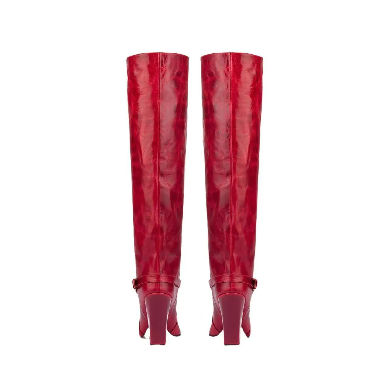 Women's Long Boots with Square Toe Thick Heel One Foot Kick Straight Tube, Red Belt Buckle, Sleeve, Large Size, Knee High Boots