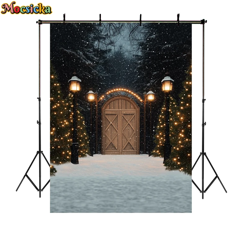 Winter Christmas Night Backdrop Photography Arch Wooden Door Street Lights Xmas Tree Decor Kids Adult Portrait Photo Backgrounds