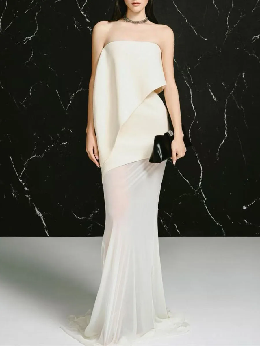 TWOTWINSTYLE Solid Spliced Mesh Asymmetric Slimming Maxi Dress for Women Strapless Sleeveless Patchwork Zipper Dresses Female