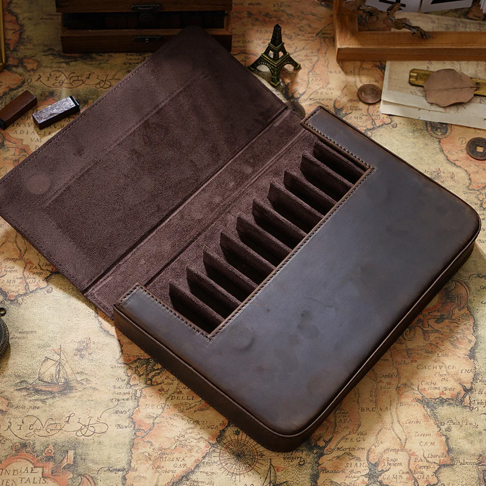 New  Trade Crazy Horse Leather Pen Case, 12 Pens Handmade Magnetic Drawer Student Pen Storage Box Stationery Gift
