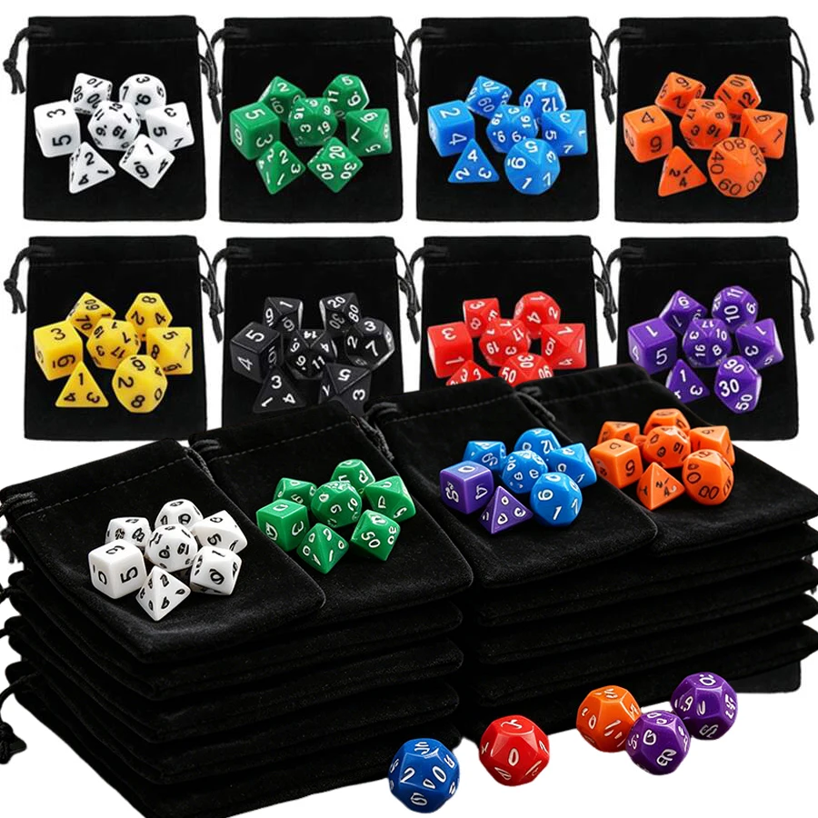 7pcs Polyhedral Dice & Black Velvet Storage Bag, Colored Number DND Dice for RPG MTG Tabletop Role Playing Games Accessories