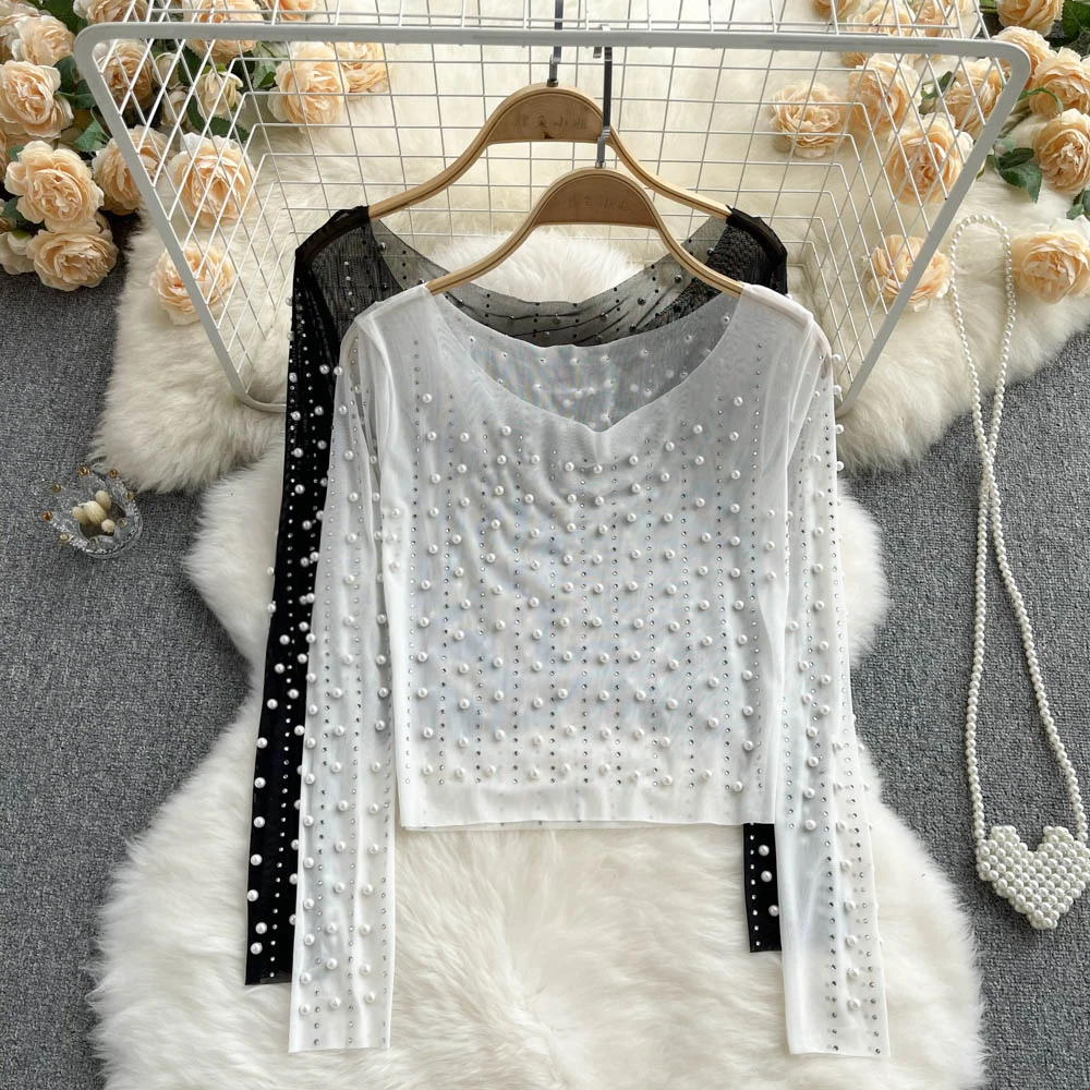 

Korean Fashion Lace Shirt Personality Hollow Out Diamond Beaded Loose Sunscreen Long-sleeved Chic Knitted Sweater Women