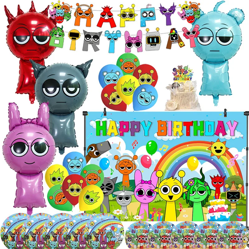 Incredibox Sprunki Geburtstag Party Dekoration Hintergrund Banner für Kinder Aluminiumfolie Latex Ballon Einweggeschirr Geschenk