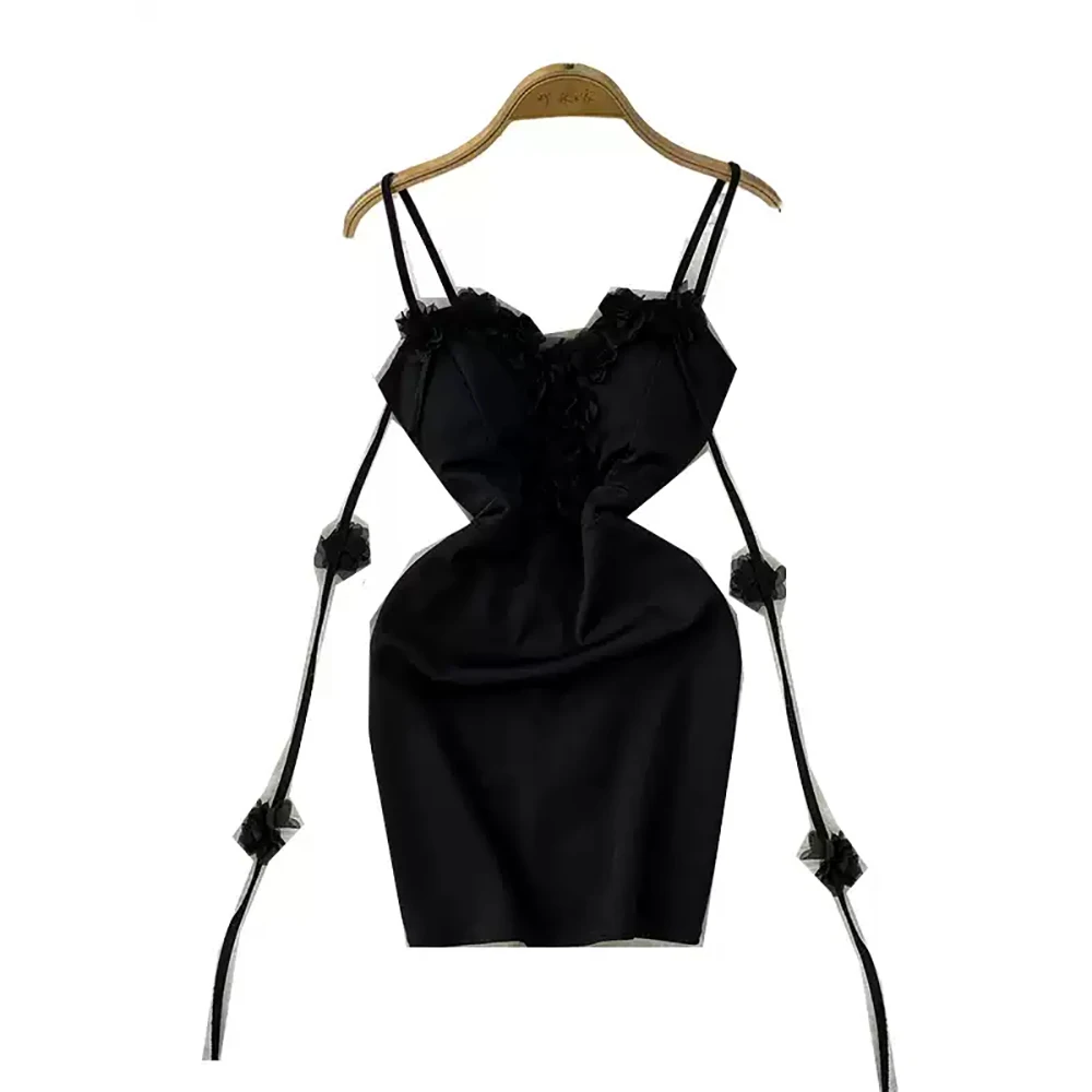 Women Sexy Slip Dress Summer Tulle Floral Patchwork Strap Mini Frocks Female Solid Color Slim Backless Elegant Dresses