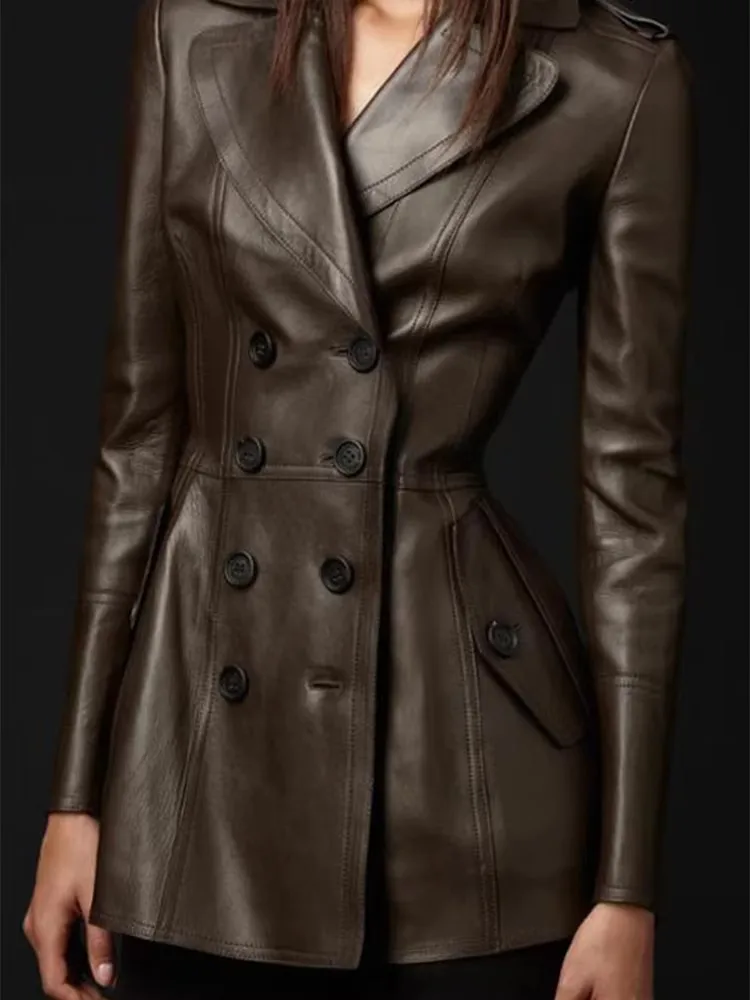 Mauroicardi Spring Fitted Black Skirted Soft Faux Leather Blazer Jacket Women Double Breasted Elegant Luxury  Designer Clothes