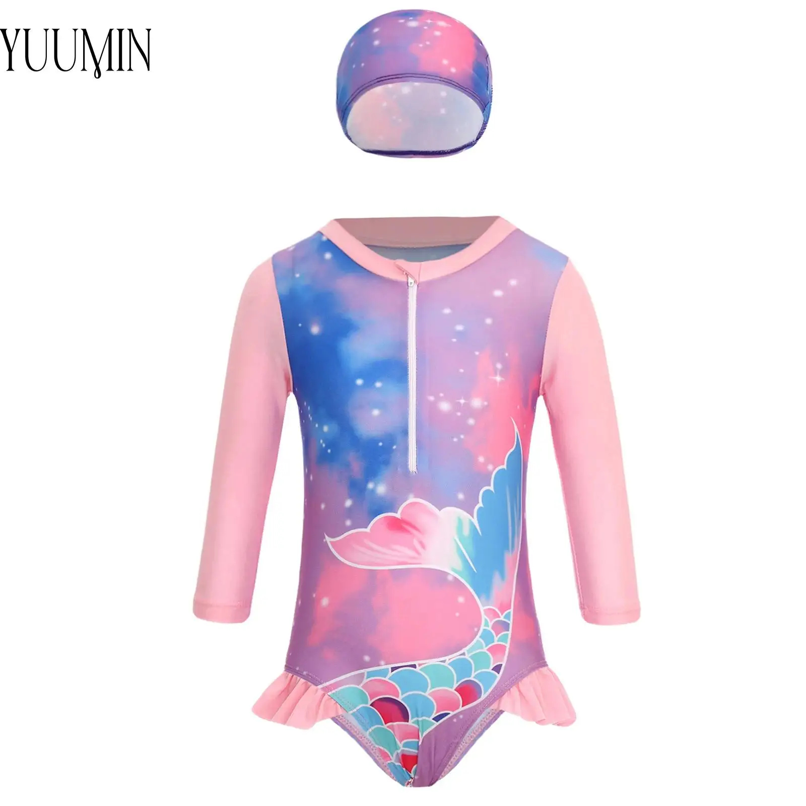 

New Toddler Girl One Piece Long Sleeve Swimsuit Fish Scales Mermaid Tail Print Ruffle Swimwear Rashguard with Swim Hat Beachwear