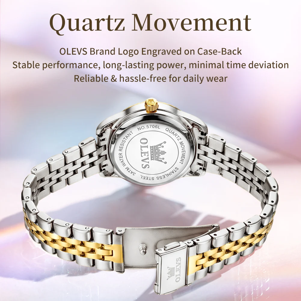 OLEVS 5706 Women Quartz Watch Green Dial Gold Stainless Steel Bracelet Day Date Roman Numeral Ladies Wristwatch Gift