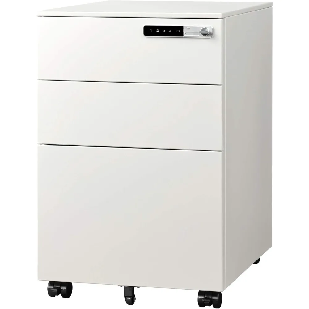 

3-Drawer Mobile File Cabinet with Smart Lock, Pre-Assembled Steel Pedestal Under Desk, White