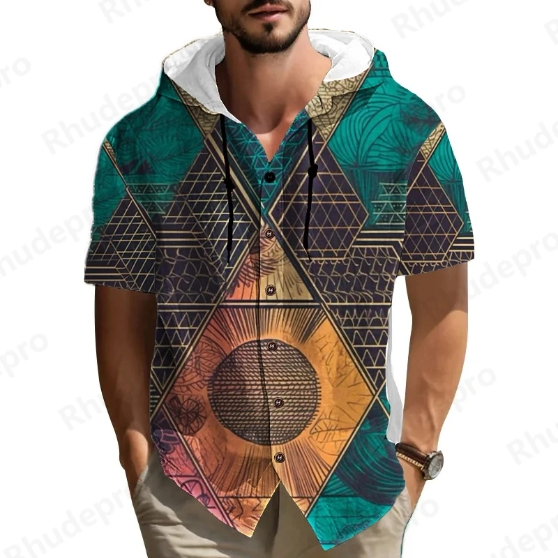 

Мужская летняя рубашка с капюшоном в национальном стиле 2025 года, повседневные толстовки на пуговицах с короткими рукавами, уличная одежда для пляжного отдыха, Roupas Masculinas