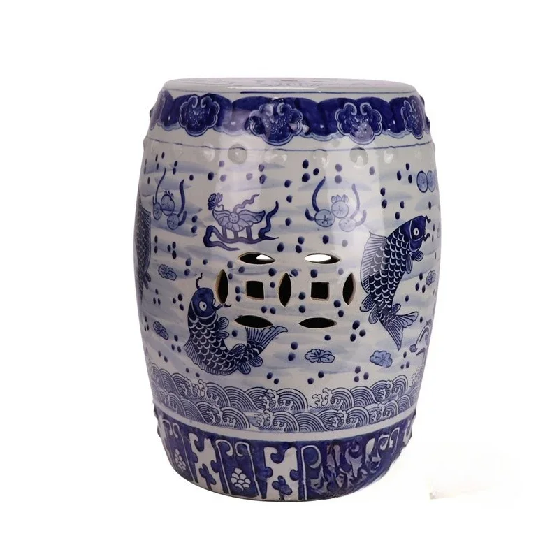 Antique blue and white porcelain ceramic drum stool, hand-painted fish algae pattern feathers