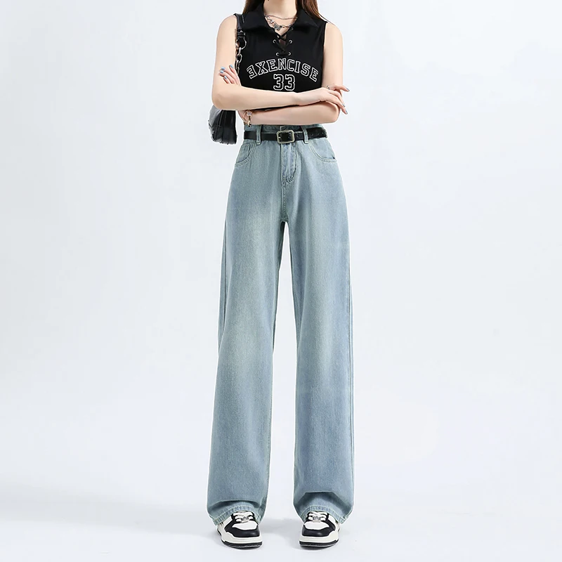 OUSSYU-جينز نسائي فضفاض مستقيم ، قطن ، ناعم ، خصر عالي ، مريح ، ريترو ، أزرق ، بنطال غير رسمي ، موضة