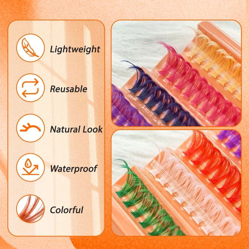 Colorful Fluorescent DIY Eyelash Extensions Mixed Single Cluster Heat Melted Natural Soft for Cosplay Party Halloween