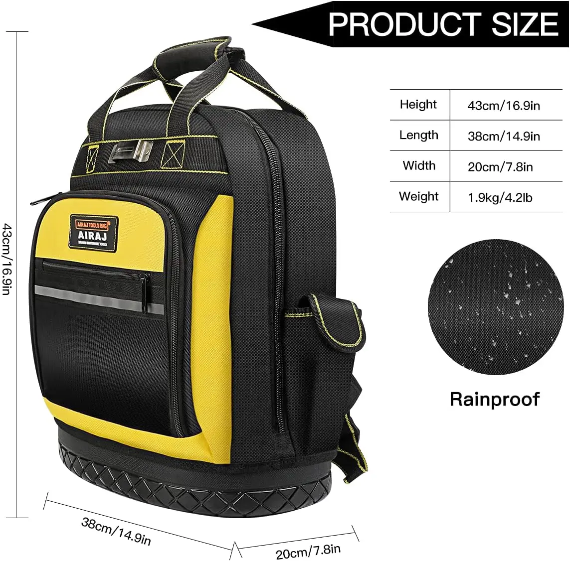 AIRAJ-mochila de herramientas de 43x38x20cm, mochila de herramientas de alta resistencia con Base de goma ABS, fácil de llevar (mochila/bolsos)