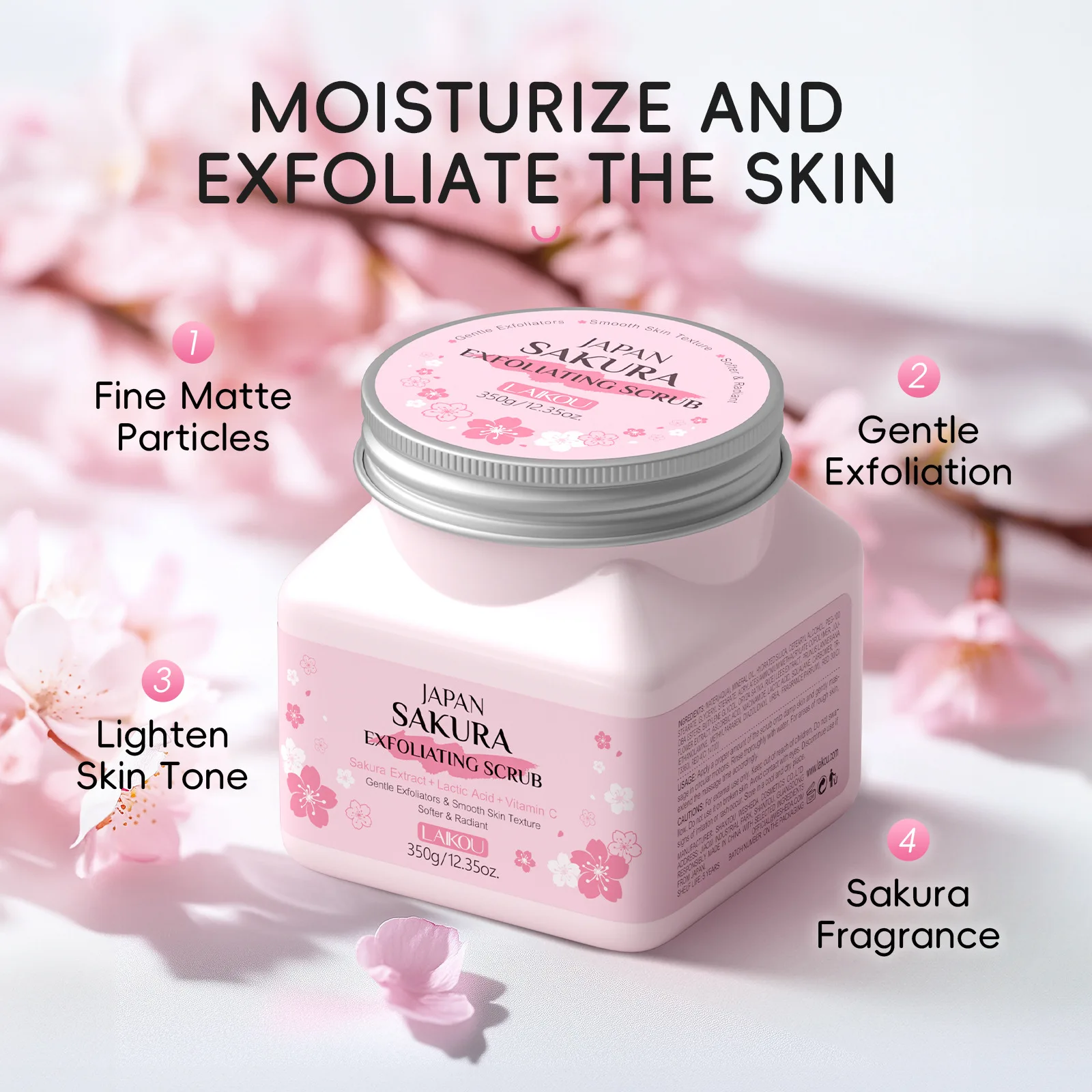 

LAIKOU Cherry Blossom Body Scrub, Deep Cleansing Face Body Exfoliator for Rough Skin, Moisturizing Skin Softener 350g