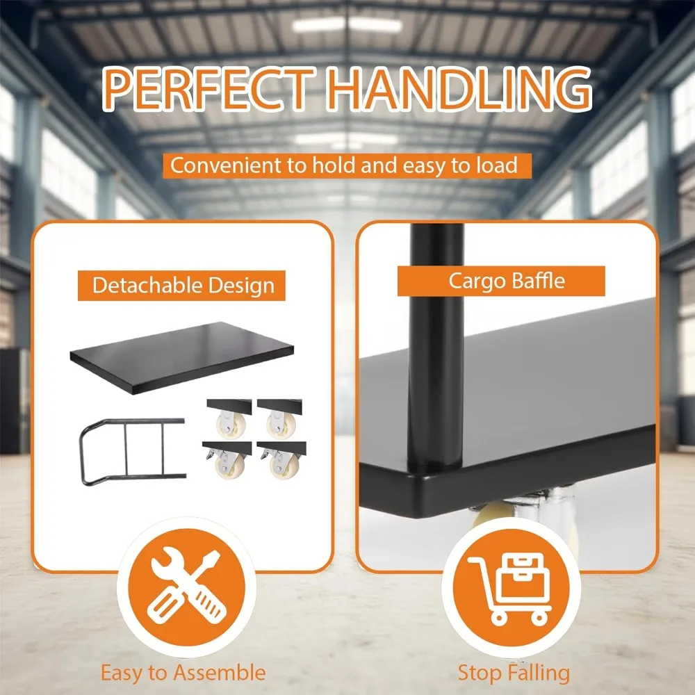 منصة شاحنة سعة 3000 رطل عربة مسطحة فولاذية، عربة دفع 47 × 24 دوللي، عربة منصة سوداء لتحريك الأمتعة #5