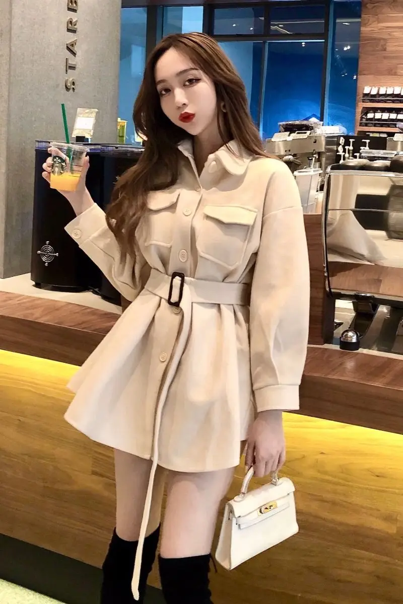한국 스타일 헵번 울 코트 여성 학생 중간 길이 벨트 트렌치 겨울 슬림 핏 패션 오버코트