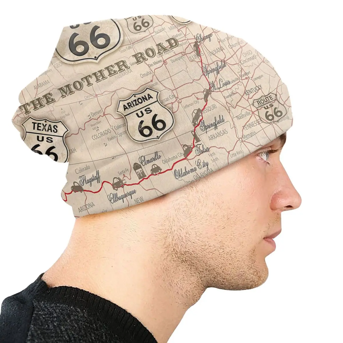 Vintage American Map Route 66 Pattern Bonnet Hats Fashion Knit Hat For Men Women Warm Winter USA Highways Skullies Beanies Caps