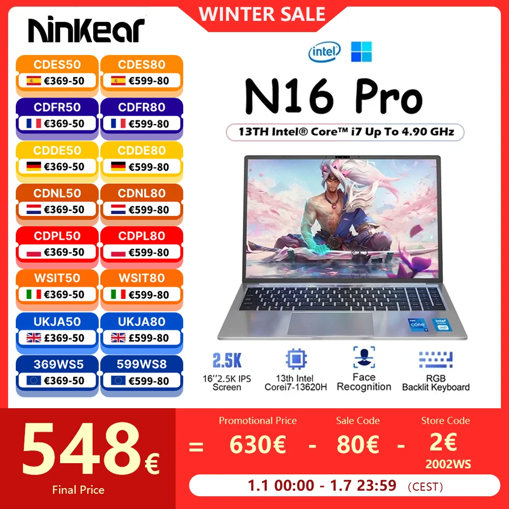 Ninkear-Computador portátil para jogos Windows 11, N16 Pro, Intel Core i7-13620H, WiFi 6, 2.5K, 165Hz, 32GB DDR4 + 1TB SSD