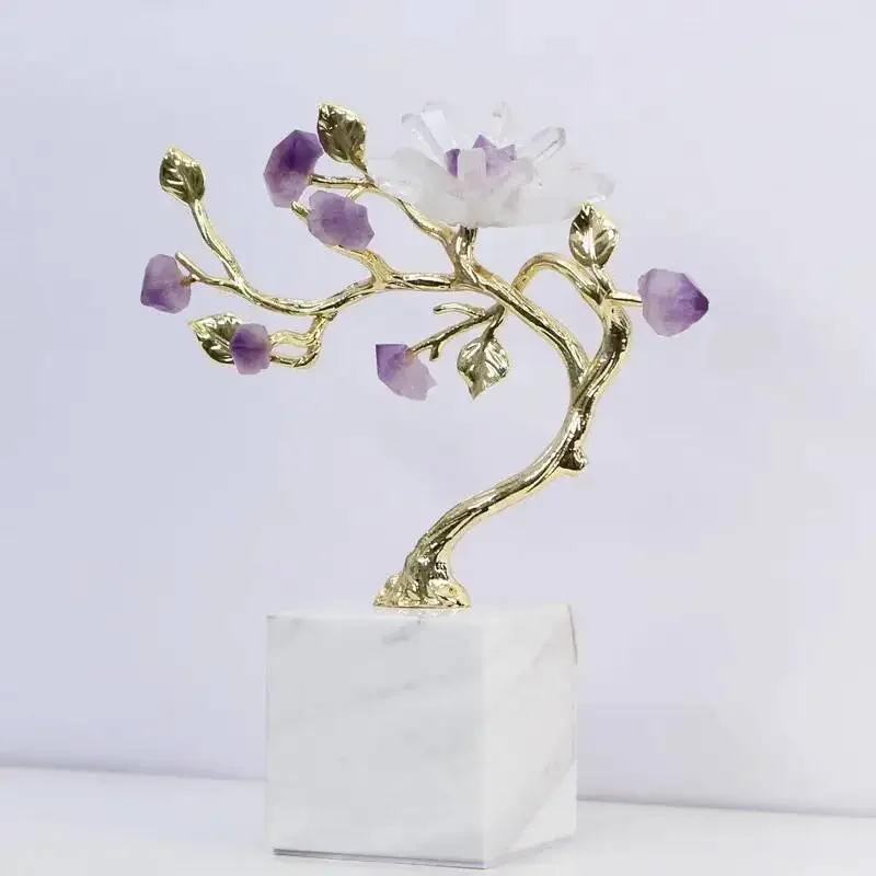 Amethyst Tree Golden Crystal Tree Simulated Plant Sculpture Crystal Flower Decorative Figurines Metal Figurine Home Accessories