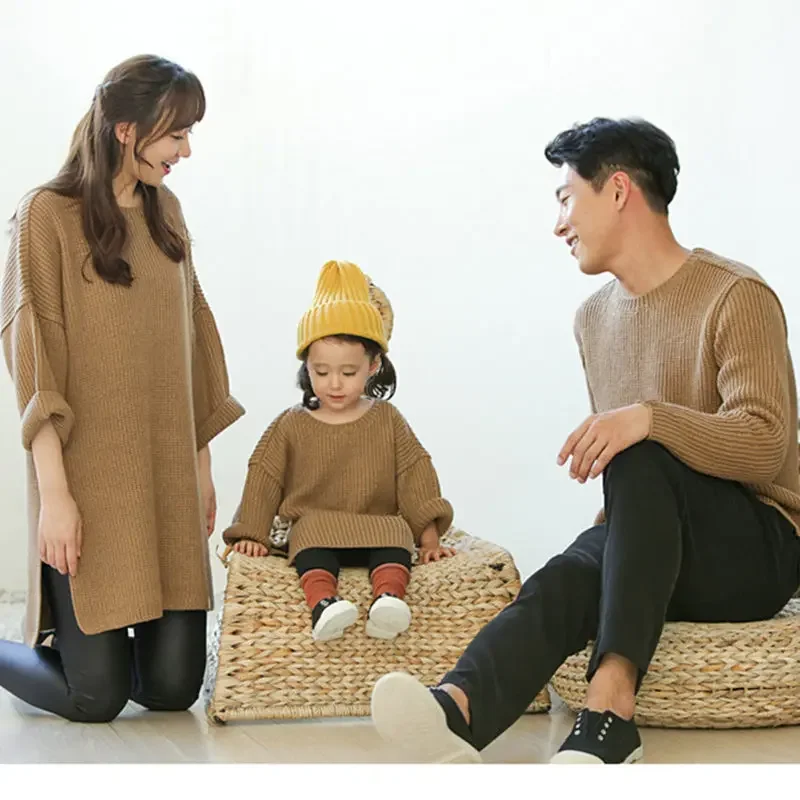 Family Look Mom Dad And Son Daughter Clothes Women Girls Knit Dress Man Boy Sweater Parent-Child Matching Winter Autumn Outfit