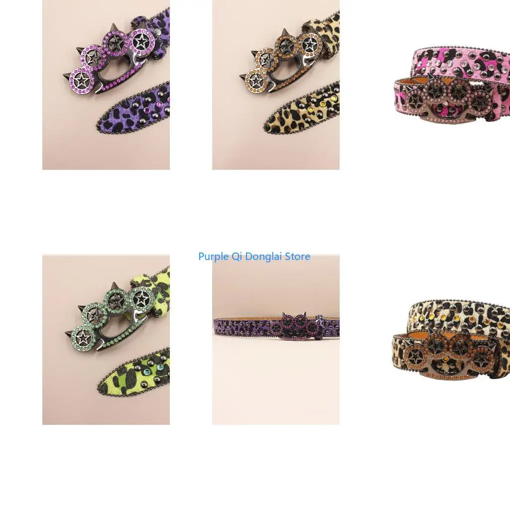 L21E Western Charm Rhinestones Rivets Waist Belt for Women and Men Spotted Design