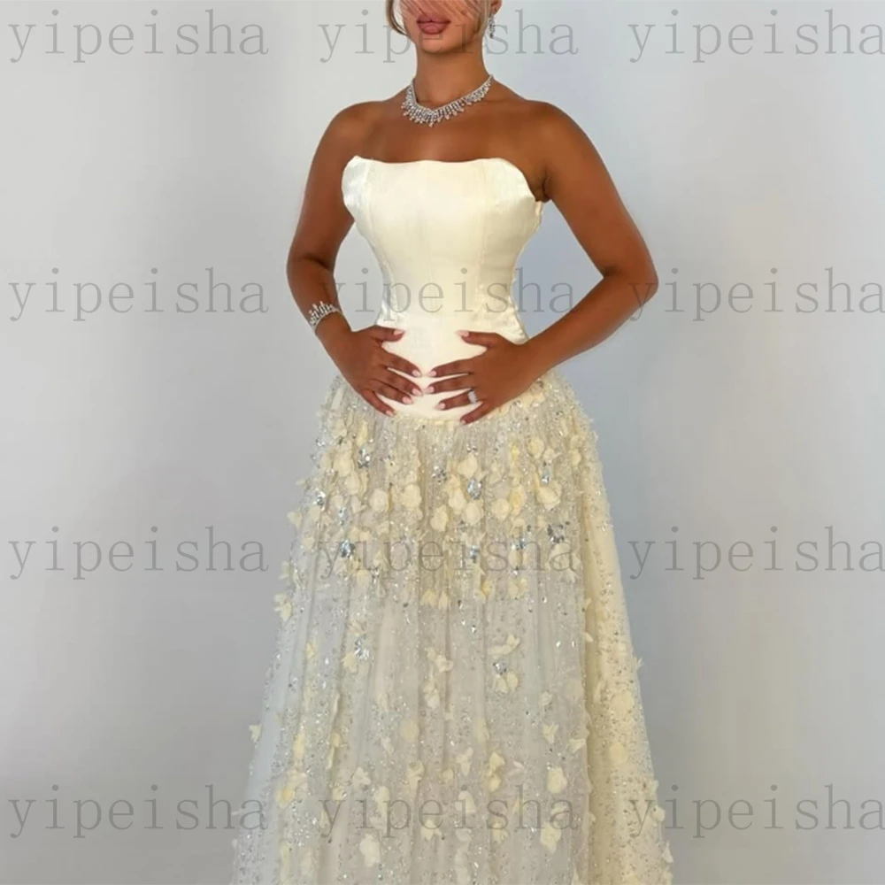 カスタマイズされたストラップレスイブニングドレス背中の開いた 3D 花レースアップリケスパンコール A ラインウエディングドレスドレープロング誕生日パーティードレス