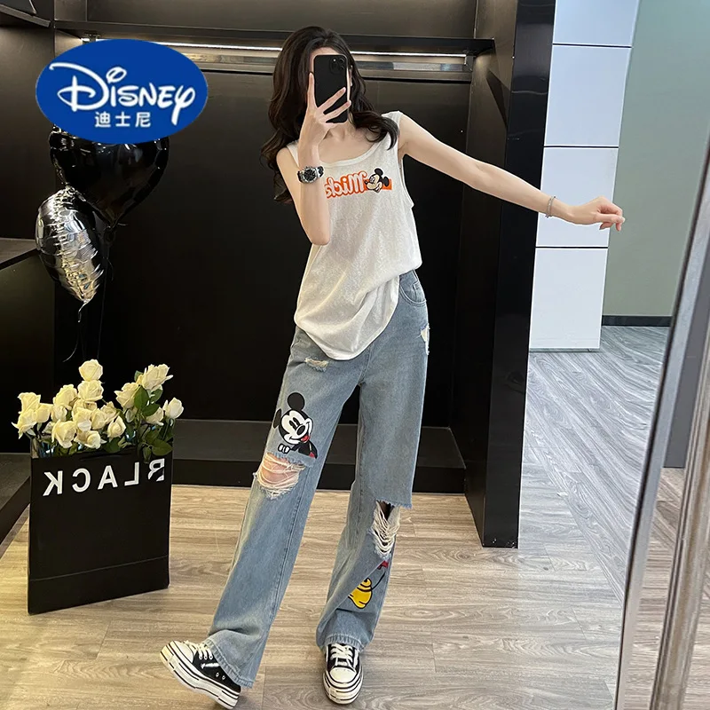 

Disney Women's 2025 Summer Set: French Vintage White Sleeveless Tee & Distressed Jeans | Oversized Casual Outfit