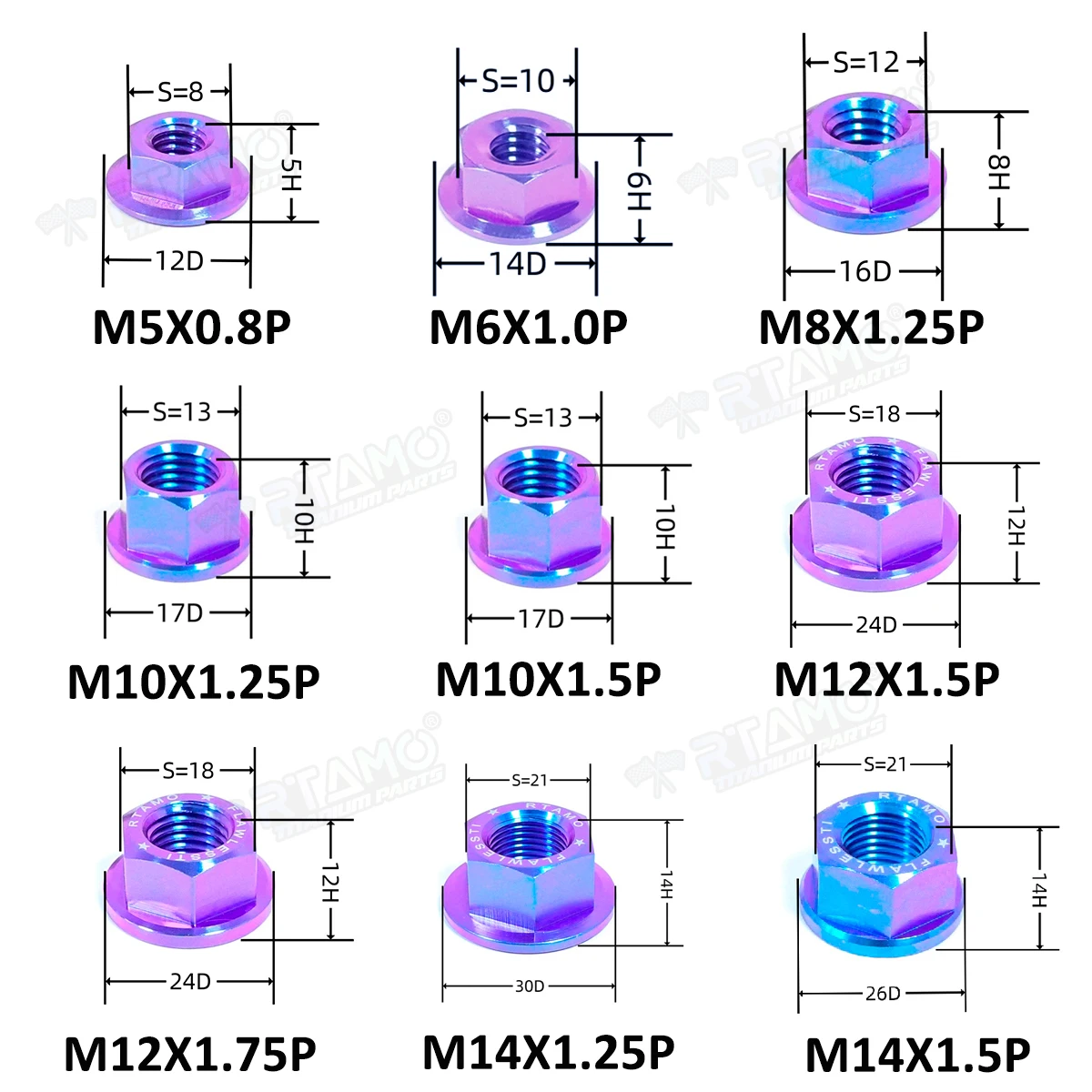 RTAMO Titan-Flanschmutter M5 M6 M8 M10 M12 M14 für Motorrad Fahrrad Auto Gr5 Mutter (1 Stück)