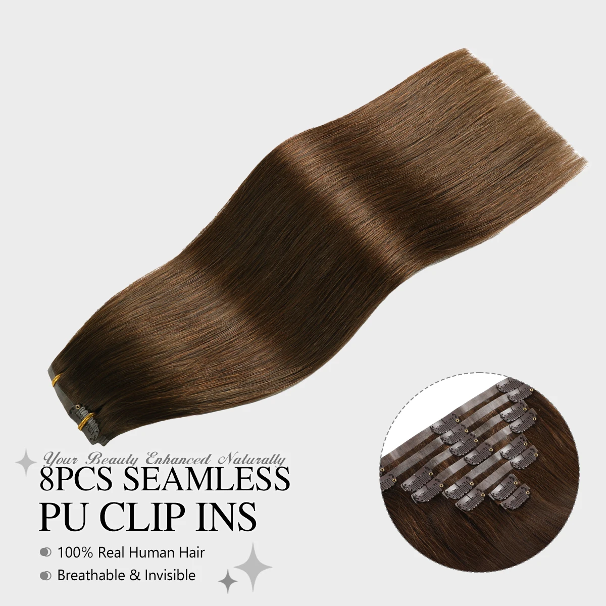 

YILITE 8 шт. Бесшовные накладные пряди из 100% натуральных человеческих волос, шоколадно-коричневые, 110-120 г, невидимые, комфортные, естественно вписывающиеся