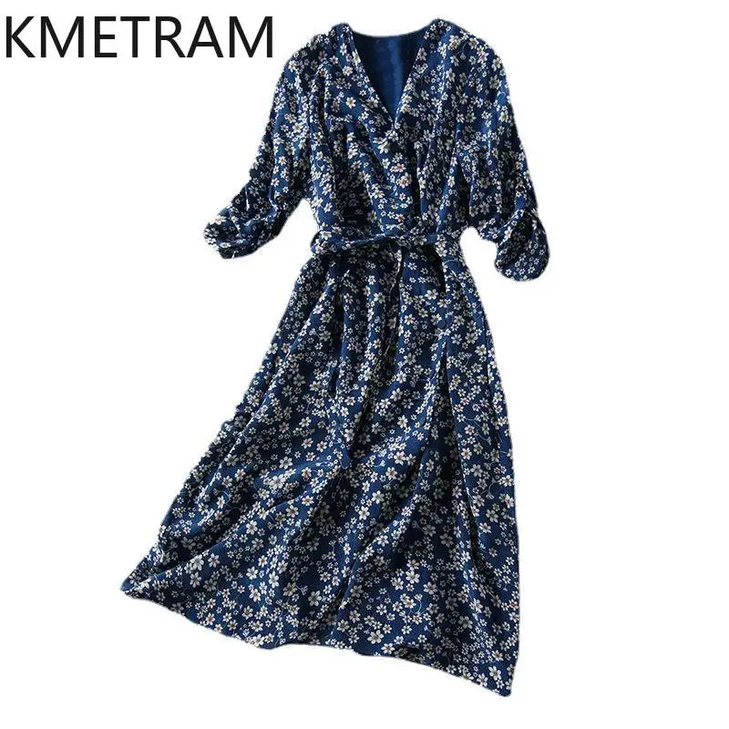 

KMETRAM Mulberry Silk Floral Dress for Women 2024 High-end V-neck Skirt Summer Blue Dresses New Sukienki Damskie Letnie