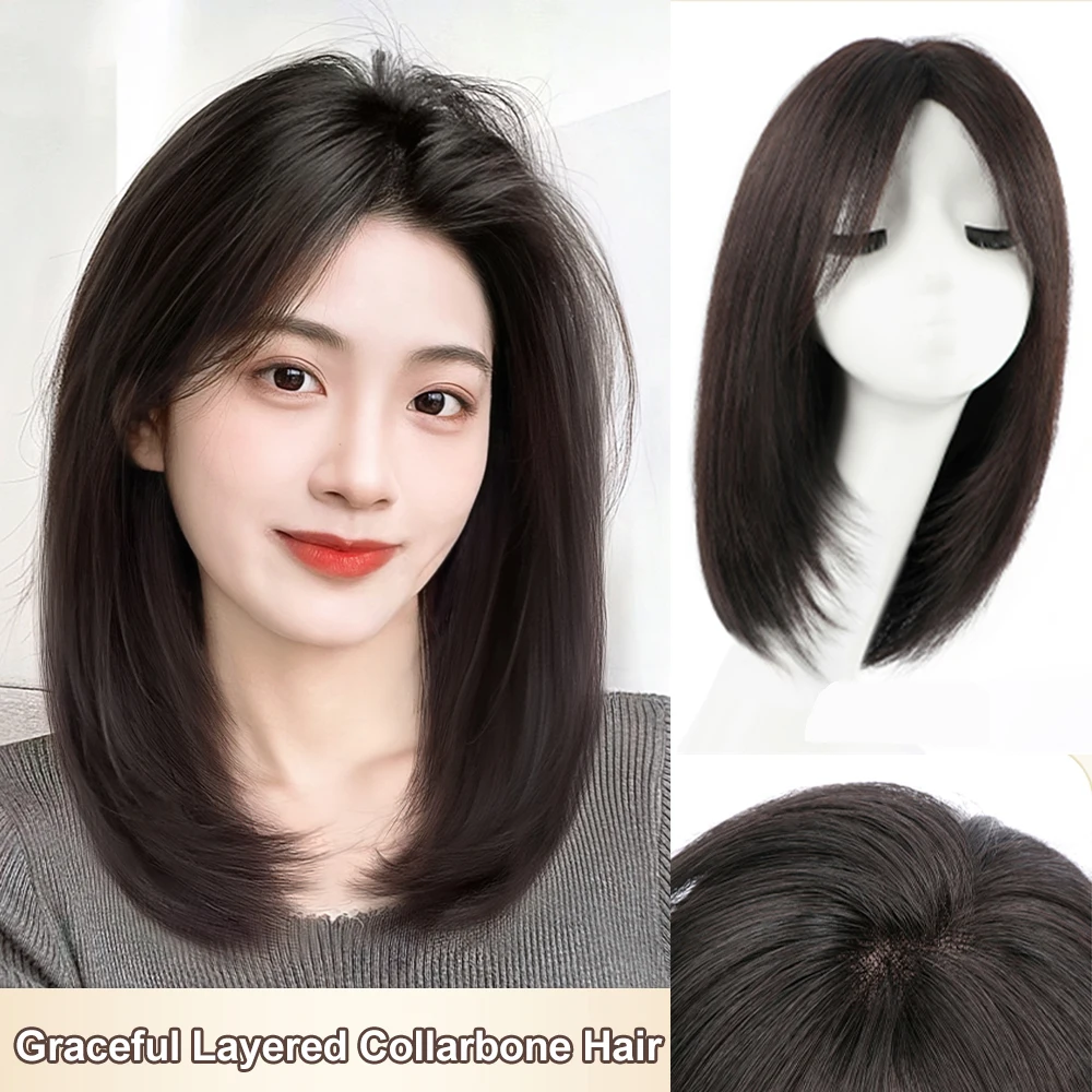 

Layered Human Hair Wigs Medium Length Wig for Women Human Hair Straight Layered Bob Wigs with Bangs