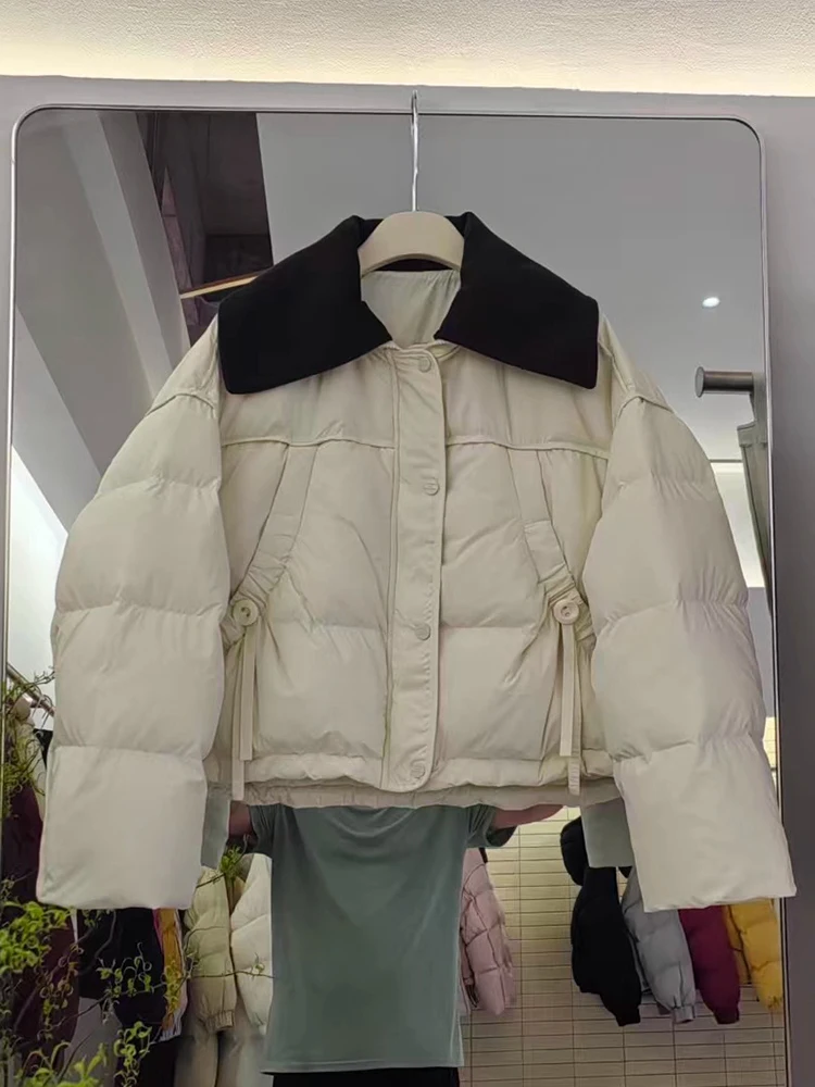 2025年冬新作 ダウンジャケット レディース 韓国風 カラーブロッキング スプライシング 厚手 ショート丈 ホワイトダックダウンコート