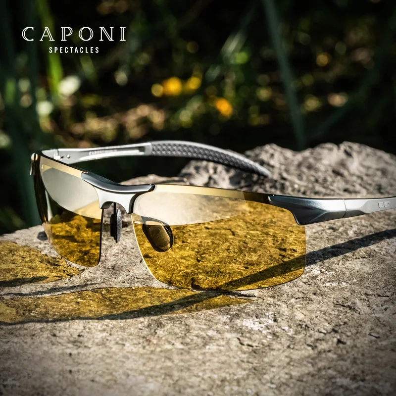 CAPONI Photochromic Brown Sunglasses Men Polarized Sports Yellow Sun Glasses Fashion Driving Night Vision Eyewear UV400 BSYS3218