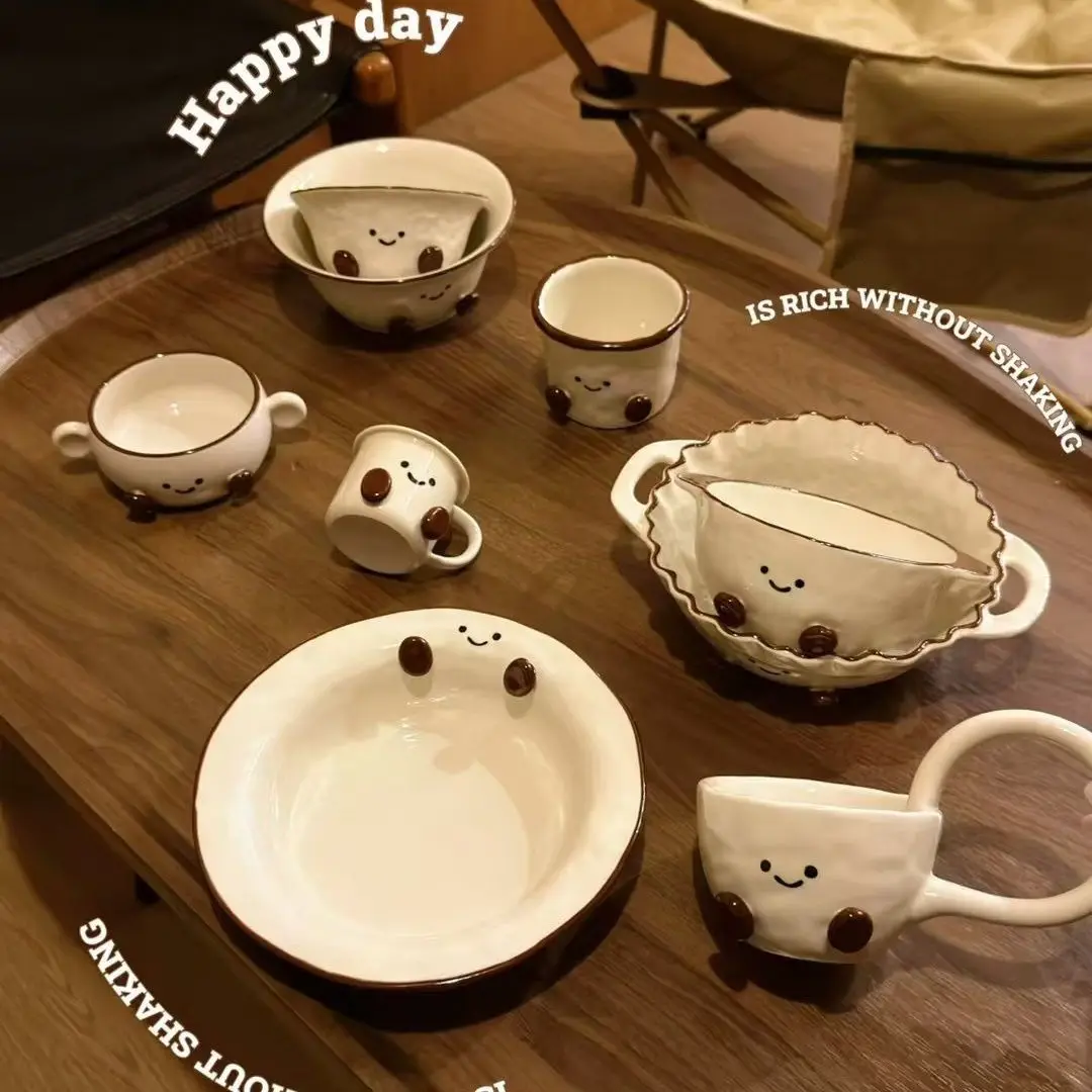 Cute Footed Ceramic Mug Set, Hand-painted Underglaze Color Plate,Salad Yogurt Noodle Bowl, Double Ear Bowls,Kitchen Utensil Gift